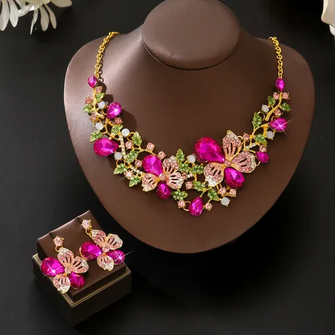 Joyería Vintage De Mariposa Y Flor Con Diamantes De Imitación Para Mujer Combinación De Collar Y Pendientes De Aleación Accesorio De Lujo Para Banquete Y Boda