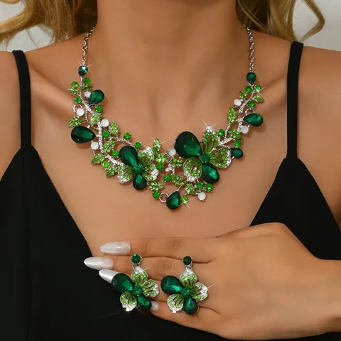 Lussuosi Orecchini E Collana da Sposa in Lega Strass Cristallo Verde per Matrimonio Fidanzamento Banchetto Festa Donna Gioielli