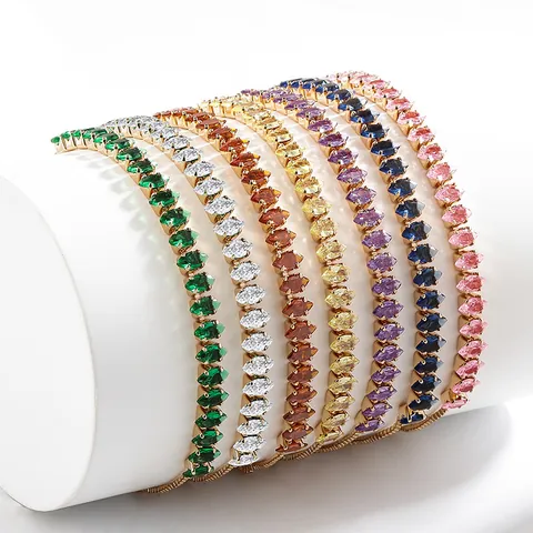 Bracelet Réglable en Strass Taille Marquise pour Femmes Cuivre Plaqué Or Chaîne à Maillons en Cristal à Rangée Simple Bijoux de Mode Cadeau