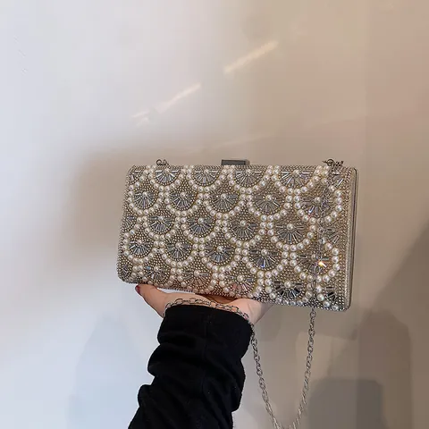 Sac de Soirée à Perles Artificielles Et Strass Pour Femmes Pochette Élégante De Banquet Avec Chaîne Sac À Bandoulière