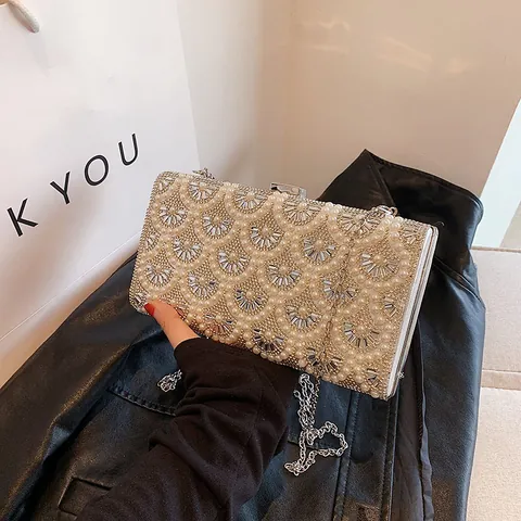 Sac de Soirée à Perles Artificielles Et Strass Pour Femmes Pochette Élégante De Banquet Avec Chaîne Sac À Bandoulière