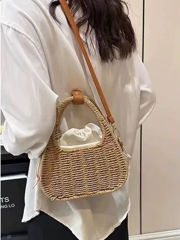 Sac Bandoulière Vintage Français en Paille Tissé à la Main Femme Design de Niche en Corde de Papier Avec Doublure à Cordon