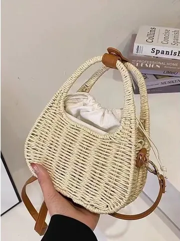 Sac Bandoulière Vintage Français en Paille Tissé à la Main Femme Design de Niche en Corde de Papier Avec Doublure à Cordon
