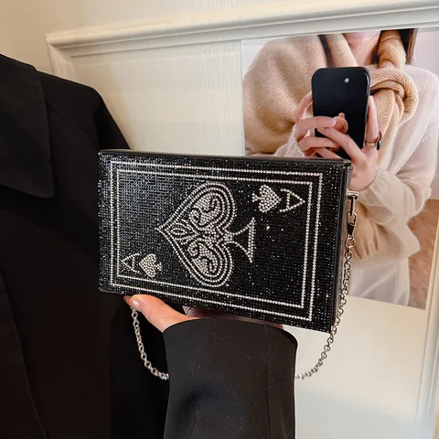 Mode Poker Pik As Strass Damen Abend Clutch Tasche PU Leder Schultertasche Metallkette Umhängetasche Kleine Box Tasche