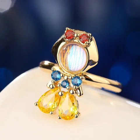 Série Princesse de Conte de Fées Bague en Cuivre Pierre de Lune Artificielle Colorée Strass Incrusté Douce Mignonne Bague de Dessin Animé pour Femmes Filles Bijoux