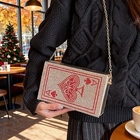 Mode Poker Pik As Strass Damen Abend Clutch Tasche PU Leder Schultertasche Metallkette Umhängetasche Kleine Box Tasche