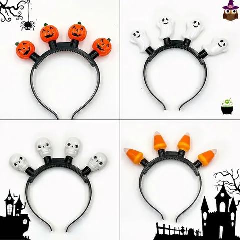 Serre-tête LED Halloween Lumineux Citrouille Fantôme Crâne Coiffe pour Décoration de Fête Costumée Accessoire de Cheveux Lumineux