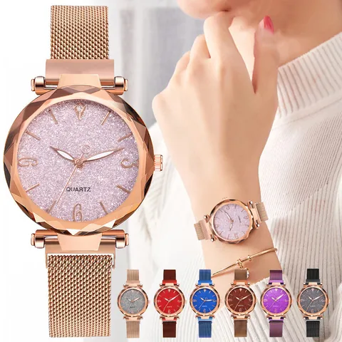 Luxus Sternenhimmel Damen Quarzuhr Mode Strass Zifferblatt Milanaise Edelstahl Magnetarmband Damen Armbanduhr