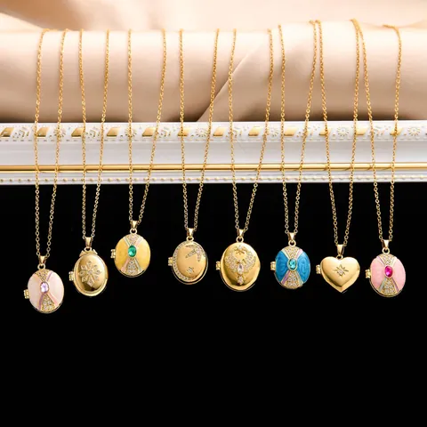 Collar de Relicario Vintage de Acero Inoxidable para Mujer Esmalte Cobre Diamante de Imitación Caja de Fotos Joyería