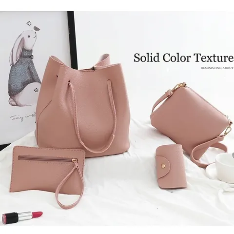 Set di Borse a Secchiello Minimaliste in Pelle PU da Donna Motivo Litchi Europeo Tote Borsa a Tracolla Pochette Porta Carte Set di Borse Coordinato