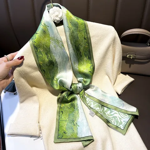 Women Silk Scarf Long Ribbon Neckerchief Artistic Floral Print Spring Autumn Fashion Accessory