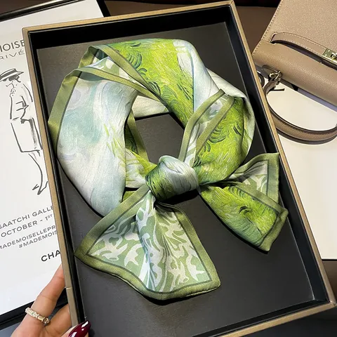 Women Silk Scarf Long Ribbon Neckerchief Artistic Floral Print Spring Autumn Fashion Accessory