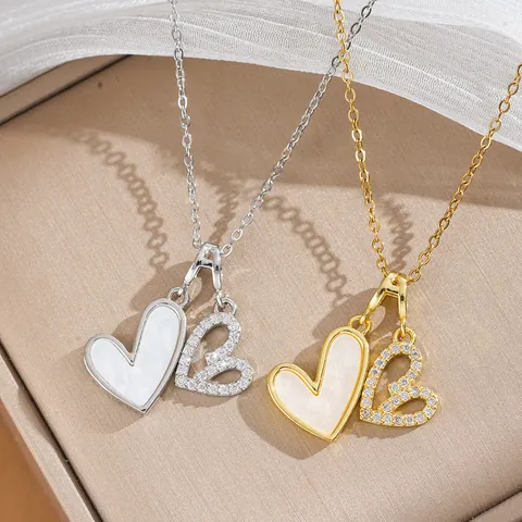 Titanium Steel Heart Pendant Necklace For Women Copper Zirconia Inlaid Double Heart Light Luxury Fashion Neck Jewelry