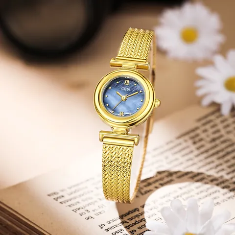 Reloj de Cuarzo GEDI Elegante Esfera de Nácar Mujer Minimalista Correa de Malla de Espiga de Trigo Reloj de Pulsera Analógico de Moda
