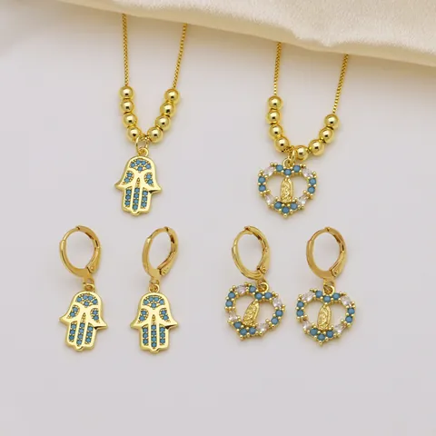 Collana con Pendente a Cuore Hamsa Croce Vergine Maria in Rame Placcato Oro 18K Zirconia Gioielli Religiosi di Lusso da Donna
