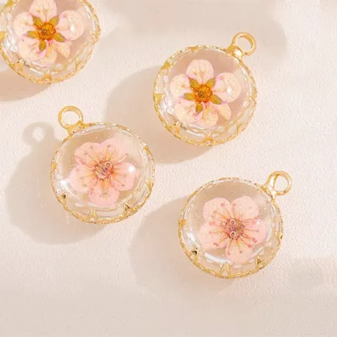 Ciondolo Tondo in Vetro con Fiore Secco Lega Placcata Oro per DIY Orecchini Collana Componente di Gioielleria Regalo
