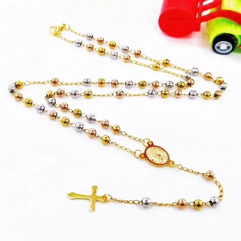Stainless Steel Tri-color Round Bead Rosary Necklace Gold Silver Rose Gold Virgin Mary Medal Pointed Cross Pendant Religious Jewelry For Women