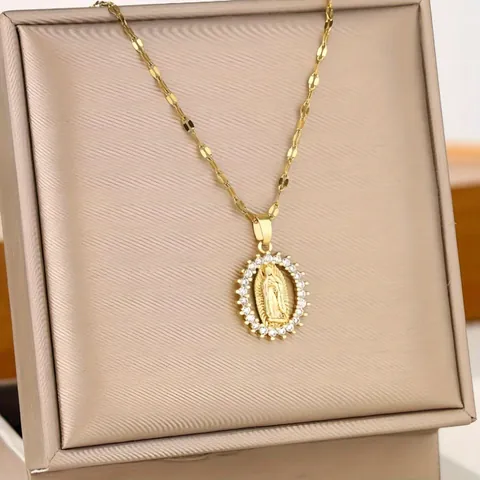 Luxe Gouden Maagd Maria Hanger Halsketting Voor Vrouwen Strass Ingelegd Kant Hol Sleutelbeenketting Religieuze Mode Sieraden