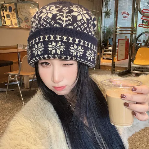 Gorro de Punto Jacquard de Copo de Nieve Vintage para Mujer Cálido Invierno Gorro de Acrílico Suave para Viajes al Aire Libre Diario