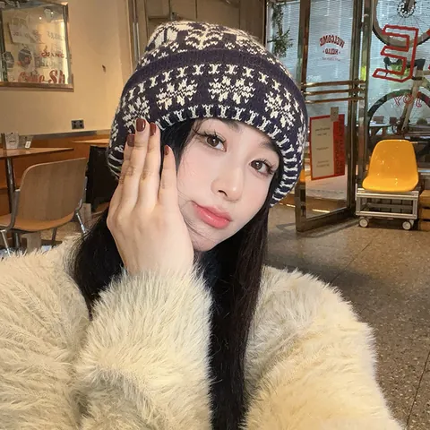 Gorro de Punto Jacquard de Copo de Nieve Vintage para Mujer Cálido Invierno Gorro de Acrílico Suave para Viajes al Aire Libre Diario