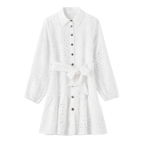 Robe Chemise pour Femmes en Coton Brodé Manches Longues Lien à la Taille Simple Boutonnage Robe Midi à Étages Blanc