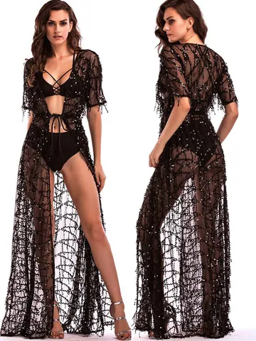 Robe Maxi Sexy Transparente à Paillettes pour Femmes Col en V Manches Courtes Mesh Élégante Robe de Soirée Clubwear