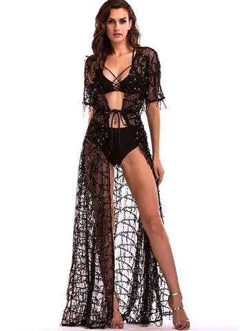 Robe Maxi Sexy Transparente à Paillettes pour Femmes Col en V Manches Courtes Mesh Élégante Robe de Soirée Clubwear