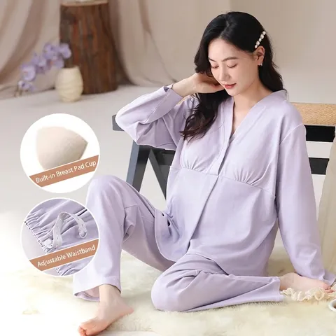 Damen Umstandsschlafanzug-Set Baumwolle Langarm Still-Homewear Mit Eingebauten Brustpolstern Und Verstellbarem Bund Weiche Nachtwäsche