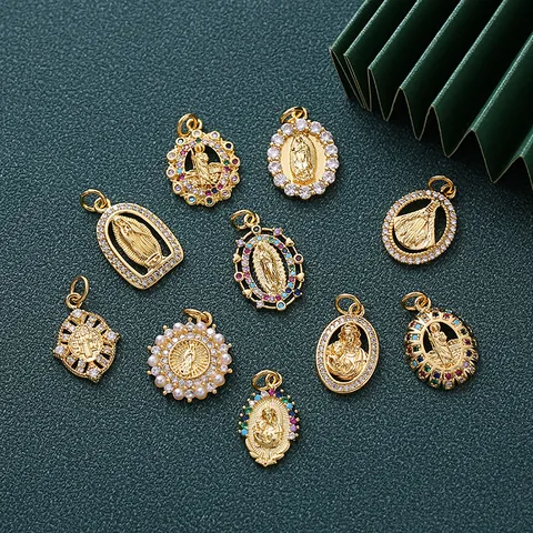 Kupfer Gold Überzogen Mikro Pave Zirkonia Religiöses Relief Anhänger Sonnengöttin Jungfrau Maria Künstliche Perle DIY Schmuckherstellung Zubehör