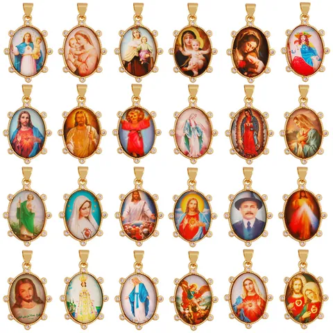 Vintage 18K Gold Plated Brass Religious Sacred Pendant With Zirconia Oval Saint Icon Angel Mary Charm For Jewelry Making Women