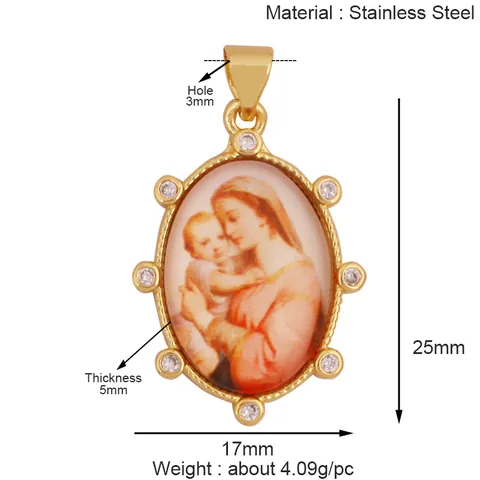 Vintage 18K Gold Plated Brass Religious Sacred Pendant With Zirconia Oval Saint Icon Angel Mary Charm For Jewelry Making Women