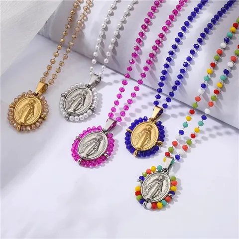Collar con Colgante de la Virgen María Ovalado de Acero Inoxidable para Mujer Medalla Religiosa Vintage Hip Hop Cadena de Cuentas Coloridas Joyería Regalo
