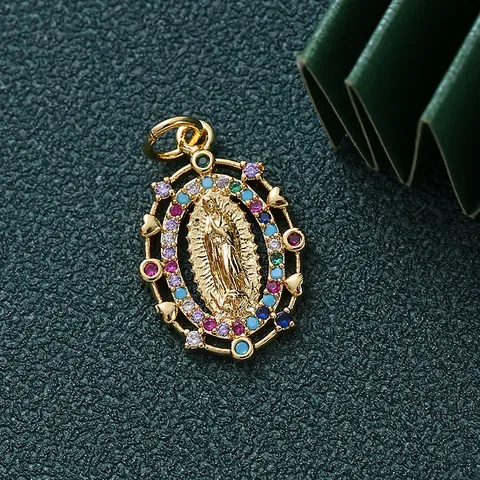 Kupfer Gold Überzogen Mikro Pave Zirkonia Religiöses Relief Anhänger Sonnengöttin Jungfrau Maria Künstliche Perle DIY Schmuckherstellung Zubehör