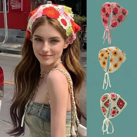 French Vintage Crochet Triangular Headscarf Pastoral Floral Fruit Knit Bandana Hairband For Women Girls Photography Hair Accessories