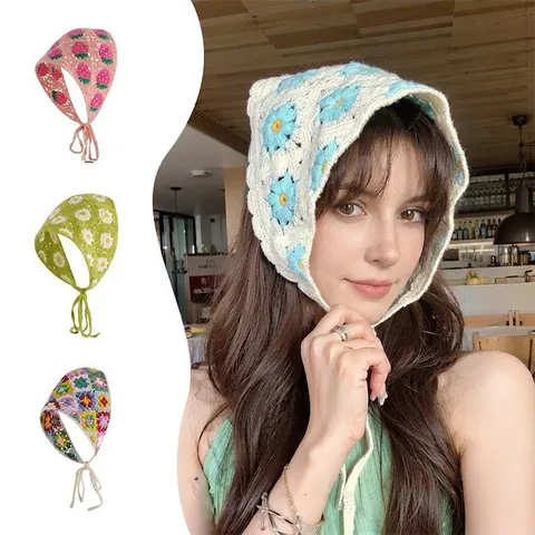 French Vintage Crochet Triangular Headscarf Pastoral Floral Fruit Knit Bandana Hairband For Women Girls Photography Hair Accessories