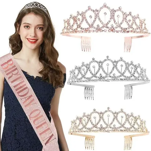 Rose Gold Birthday Girl Queen Tiara Crown And Sash Set Glitter Fabric Birthday Party Decorations For Women Rhinestone Tiara Headband