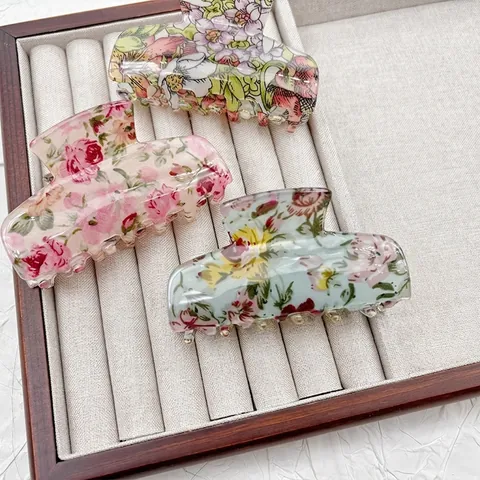 Retro Botanisch Floral Acryl Haarklammer Elegant Französischer Stil Mittel Haarklemme Accessoires Für Damen Mädchen Täglich Haarsytling