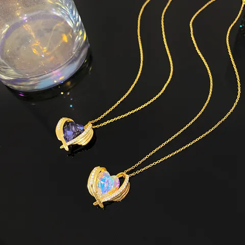 Collar con Colgante Corazón del Océano Mujer Acero de Titanio Chapado en Oro Strass Piedra Preciosa en Forma de Corazón Joyería