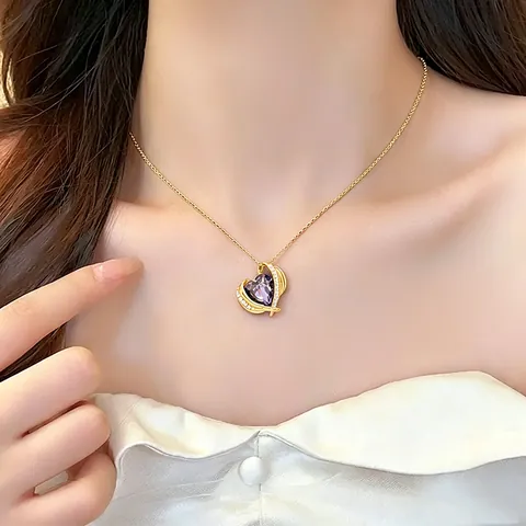 Collar con Colgante Corazón del Océano Mujer Acero de Titanio Chapado en Oro Strass Piedra Preciosa en Forma de Corazón Joyería