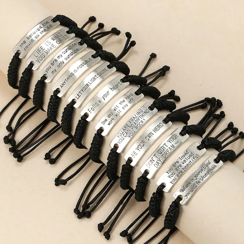 Bracelet Tissé Avec Plaque En Alliage Citation Inspirante Cordon Ciré Imperméable Bijoux De Plage Réglables Lettrage En Émail