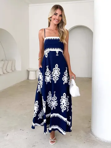 Vestido Maxi de Mujer Estampado Floral Vintage con Tirantes Bohemio Cintura Estrecha Gran Vuelo Verano Vacaciones Vestido Largo