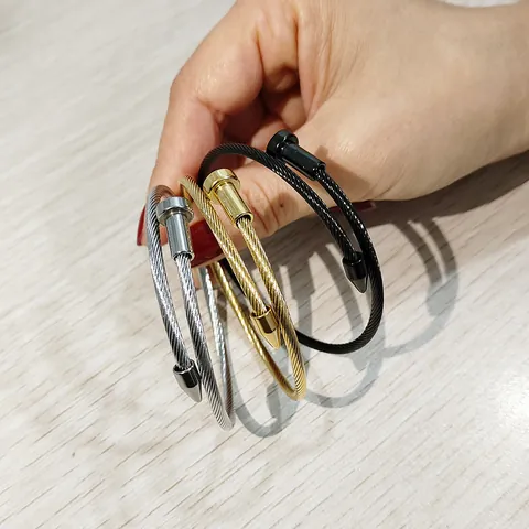 Stainless Steel Twisted Wire Nail Open Bangle For Women Men Punk Elastic Cable Rope Cuff Bracelet Fashion Industrial Jewelry Gift