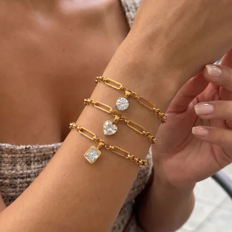Stainless Steel Gold Paperclip Chain Bracelet With Zirconia Pendant Geometric Heart Round Square Single Diamond Jewelry For Women