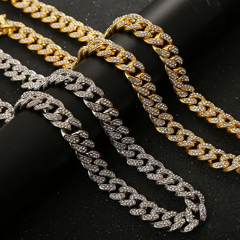 Iced Out Cuban Link Chain Necklace Bracelet Anklet For Men Women Hiphop Alloy Rhinestone Pave Cuban Necklace Streetwear Jewelry