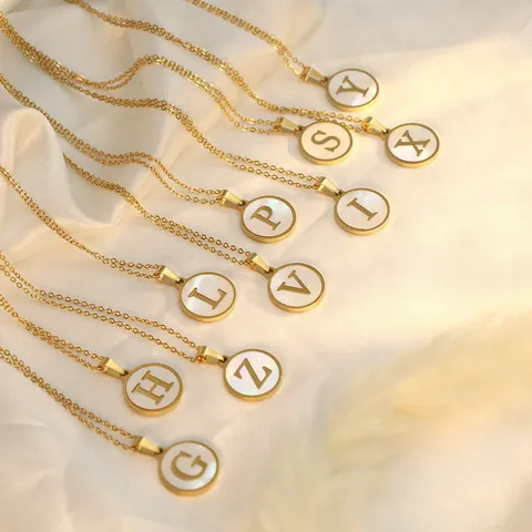Edelstahl Muschel Buchstaben Anhänger Halskette Runde Englische Alphabet Charm Galvanisiert Gold Für Damen High End Schmuck