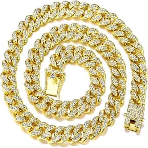 Collar de Cadena Hip Hop Cuban Link Iced Out para Hombres Mujeres Aleación de Zinc Pavé de Strass Completo Oro Plata Joyería Streetwear