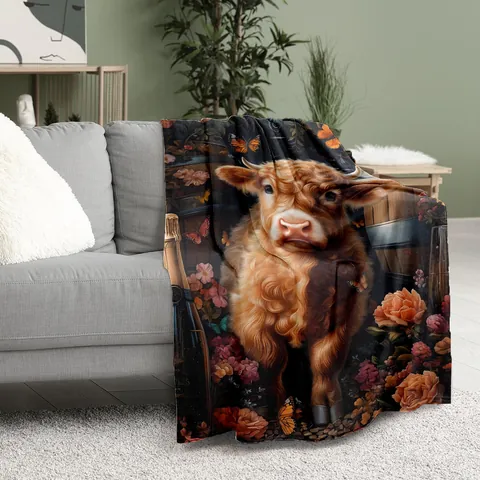 Manta de Franela con Estampado de Vaca de las Tierras Altas Flores Mariposa Vintage Suave Cálida Manta para Sofá Cama Hogar