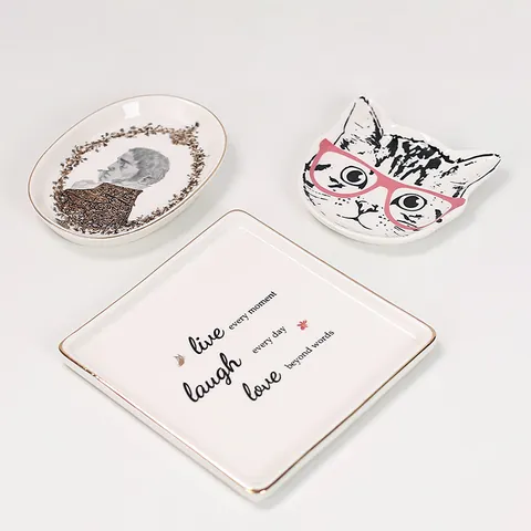 Nordic Creative Ceramic Jewelry Tray With Gold Rim Cat Face Portrait Pattern Decorative Storage Plate For Ring Earring Necklace Vanity Decor