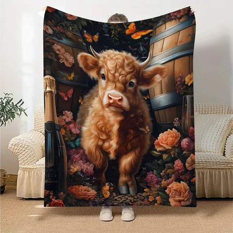 Manta de Franela con Estampado de Vaca de las Tierras Altas Flores Mariposa Vintage Suave Cálida Manta para Sofá Cama Hogar