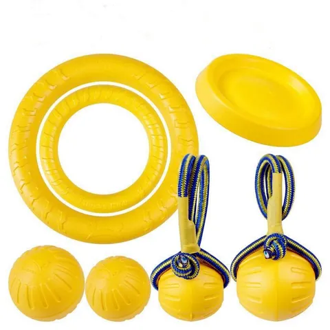 Jouet Interactif de Dentition pour Chien EVA Haute Élasticité Balle Jaune Avec Corde Anneau de Traction Tressé Disque Volant